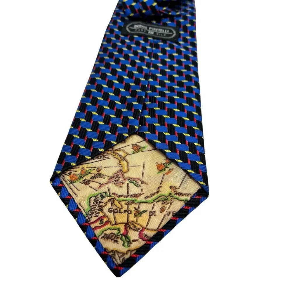 Bruno Piattelli 100% Silk Necktie Mens Geometric Blue Red Yellow Black